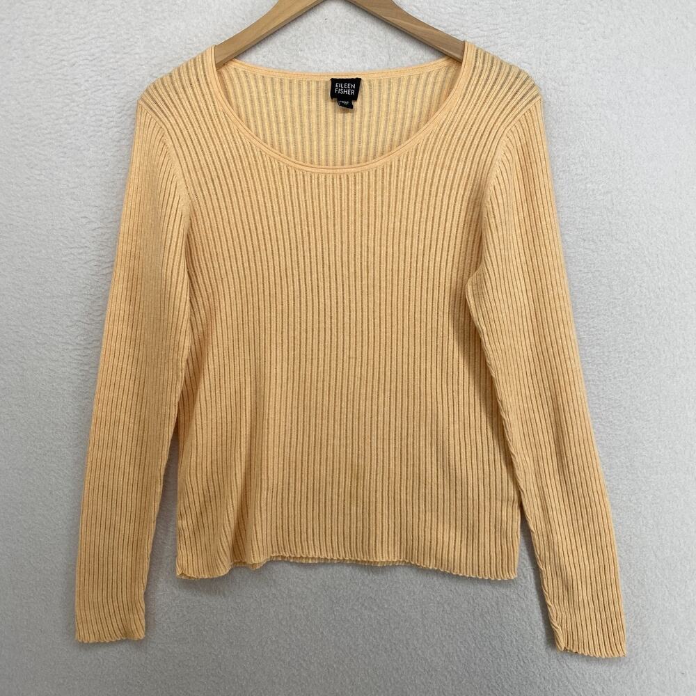 EILEEN FISHER Sweater M Cotton Sheer Ribbed Stitch Long Sleeve Peach Orange